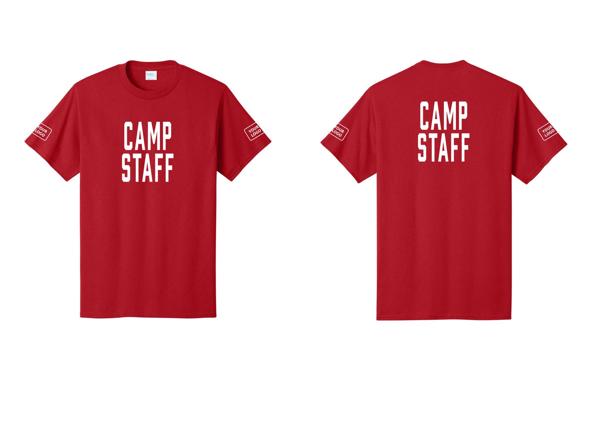 NYC Factory Custom Logo Camp Staff T-Shirt, Condensed Lettering - Front + Back + Your Logo Sleeves - Red
