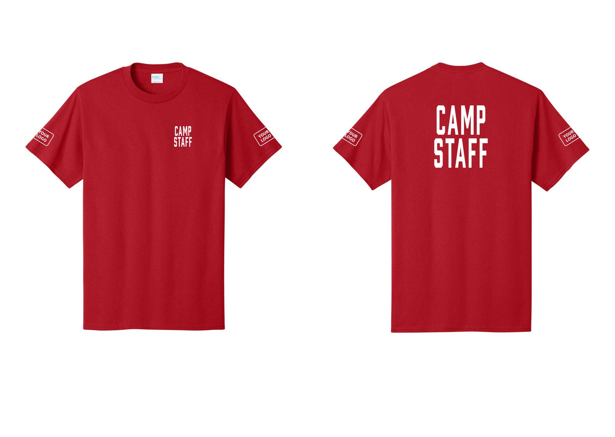 NYC Factory Custom Logo Camp Staff T-Shirt, Condensed Lettering - Chest + Back + Your Logo Sleeves - Red
