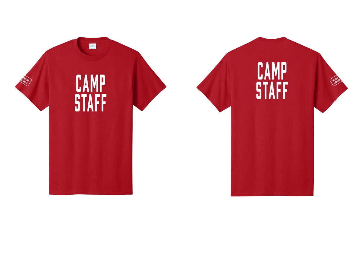 NYC Factory Custom Logo Camp Staff T-Shirt, Condensed Lettering - Front + Back + Your Logo Sleeve - Red
