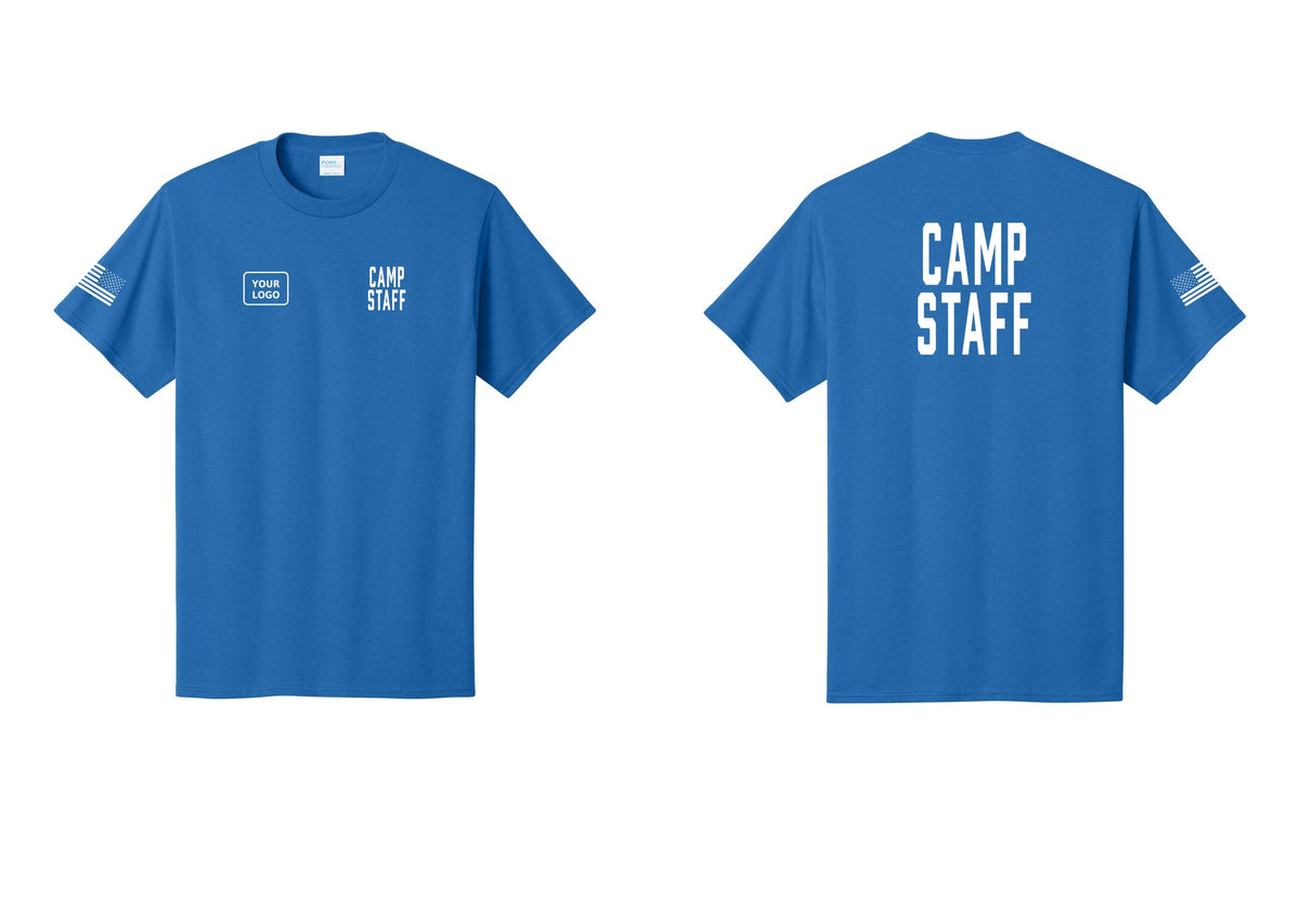 NYC Factory Custom Logo Camp Staff T-Shirt, Condensed Lettering - CAMP STAFF + Your Logo + Back + US Flag Sleeve - Royal