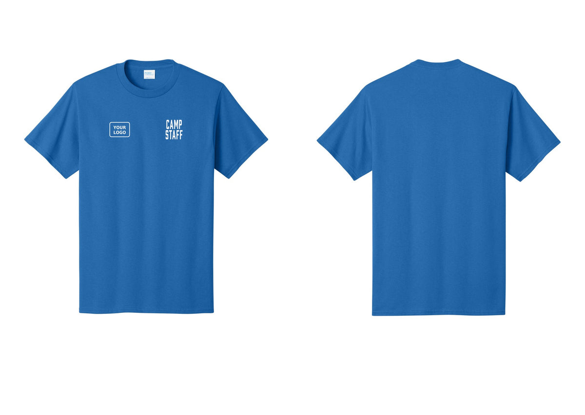 NYC Factory Custom Logo Camp Staff T-Shirt, Condensed Lettering - CAMP STAFF + Your Logo - Royal