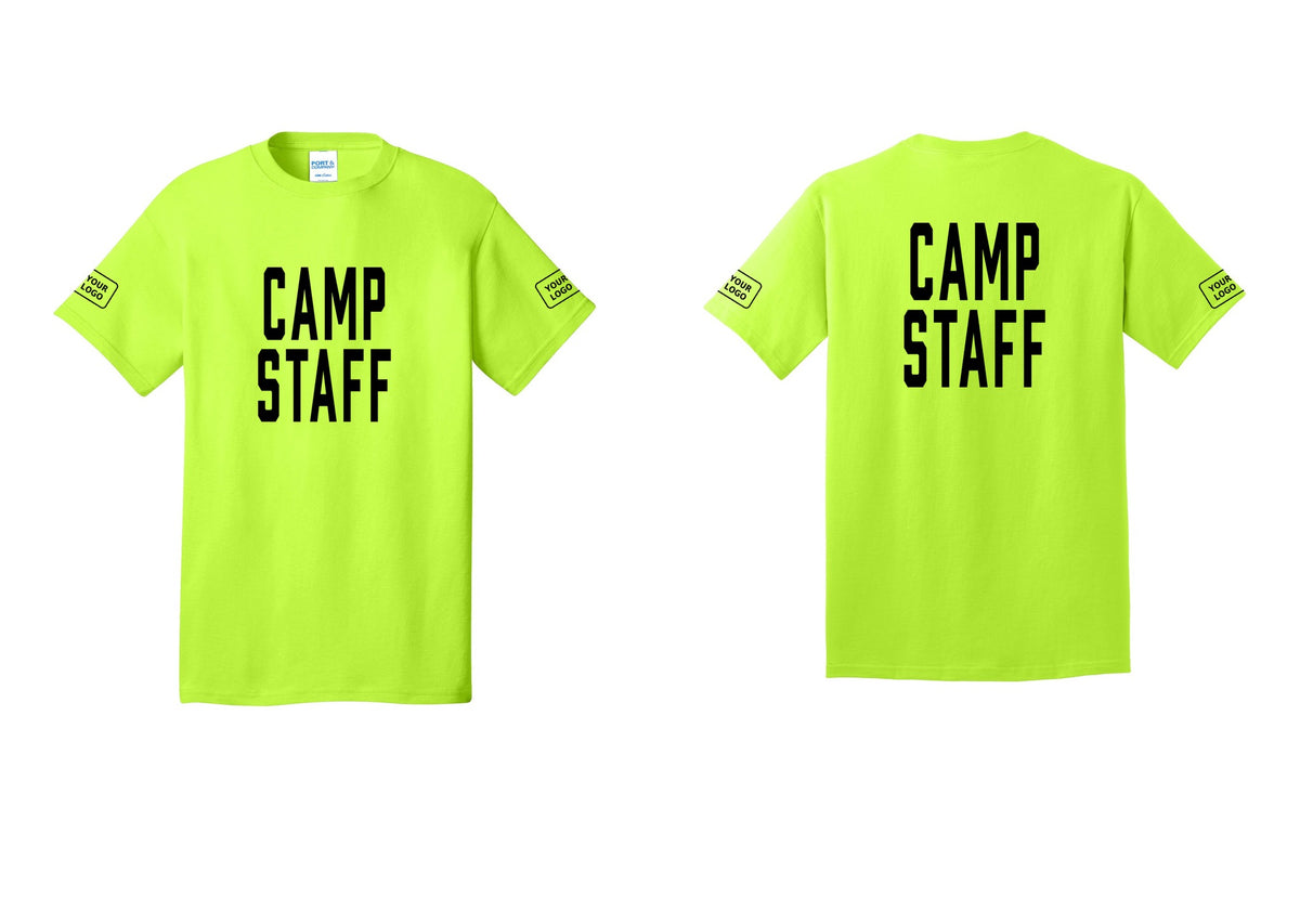 NYC Factory Unisex Custom Logo Camp Staff T-Shirt - Front + Back + Your Logo Sleeves - Safety Green