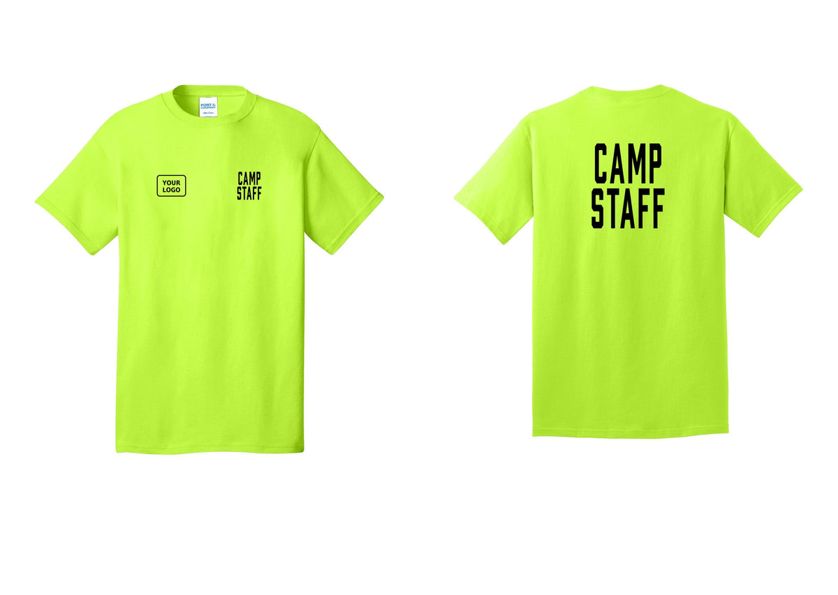 NYC Factory Custom Logo Camp Staff T-Shirt, Condensed Lettering - CAMP STAFF + Your Logo + Back - Safety Green
