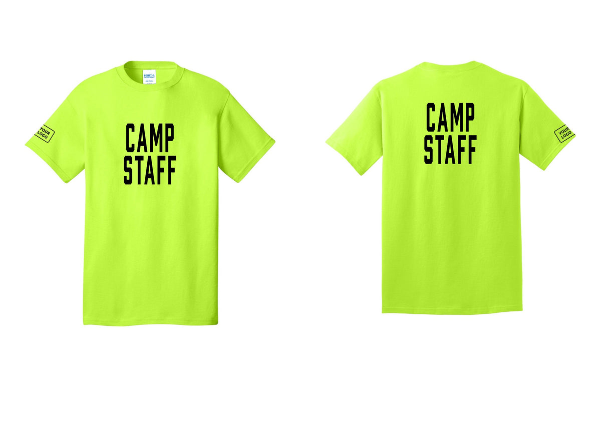 NYC Factory Custom Logo Camp Staff T-Shirt, Condensed Lettering - Front + Back + Your Logo Sleeve - Safety Green