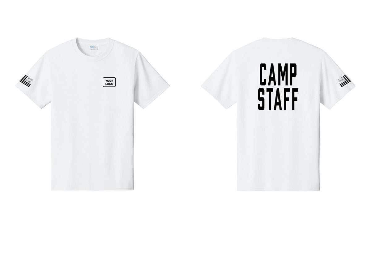 NYC Factory Unisex Custom Logo Camp Staff T-Shirt - Your Logo + Back + US Flag Sleeve - White