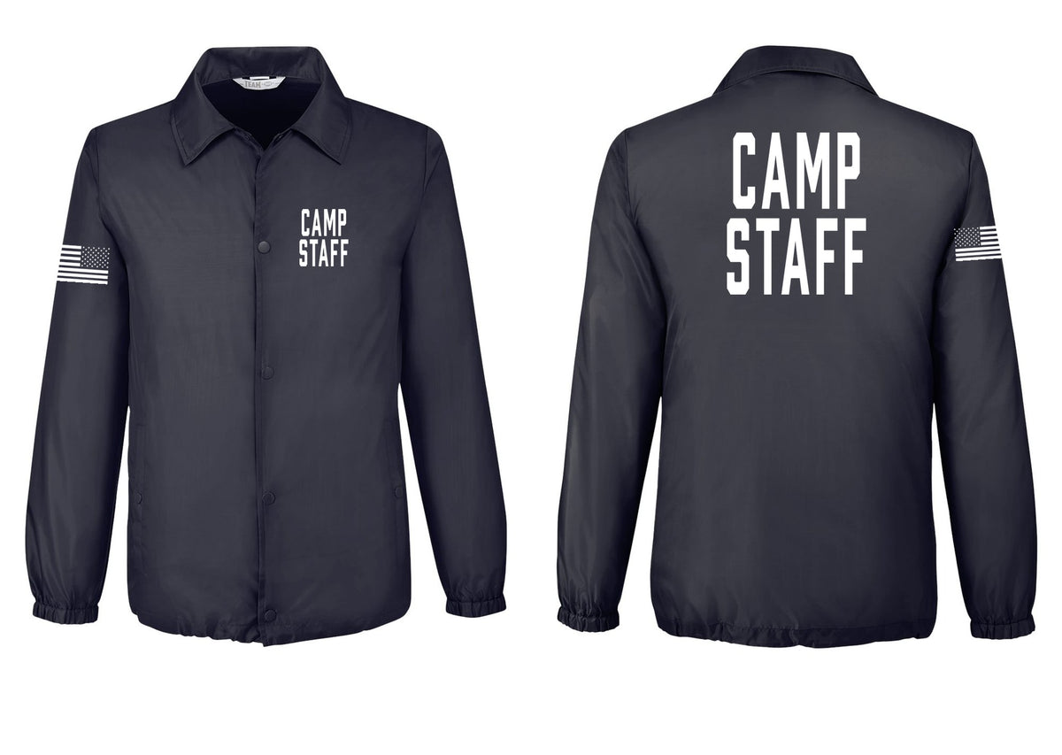 NYC Factory Camp Staff Snap-Front Coaches Jacket (Classic) - Chest + Back + US Flag Sleeve - Black