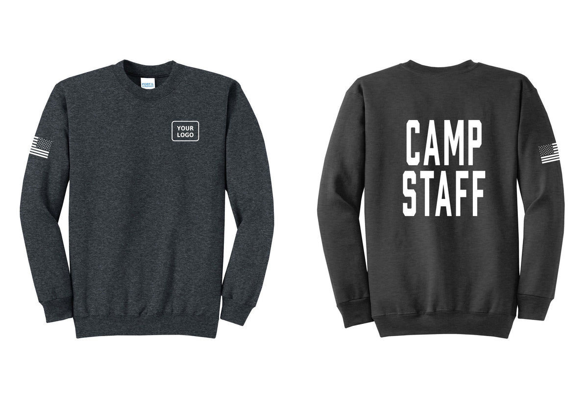 NYC Factory Custom Logo Camp Staff Cotton Fleece Crewneck Sweatshirt (Classic) - Your Logo + Back + US Flag Sleeve - Dark Heather Grey