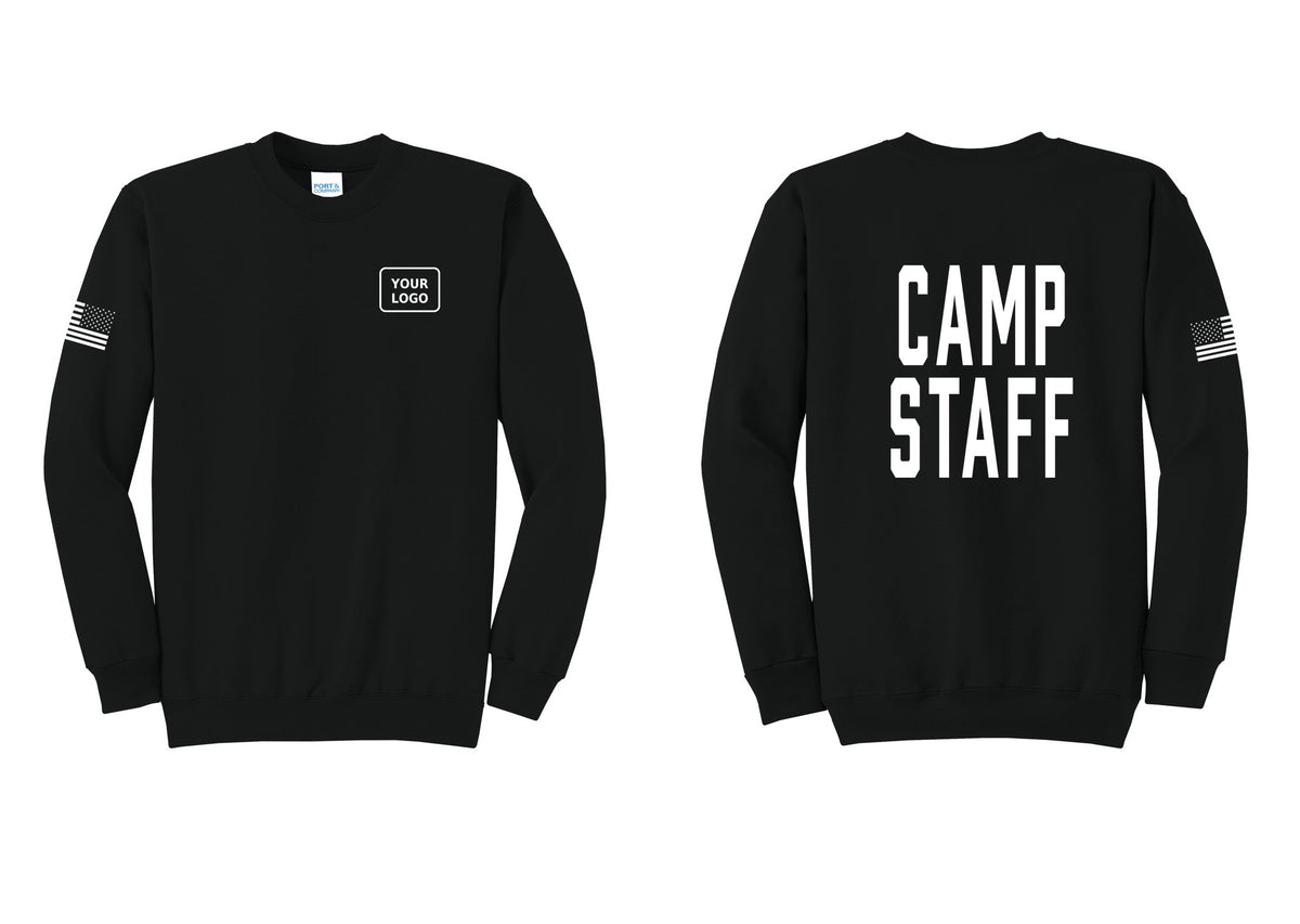 NYC Factory Custom Logo Camp Staff Cotton Fleece Crewneck Sweatshirt (Classic) - Your Logo + Back + US Flag Sleeve - Black