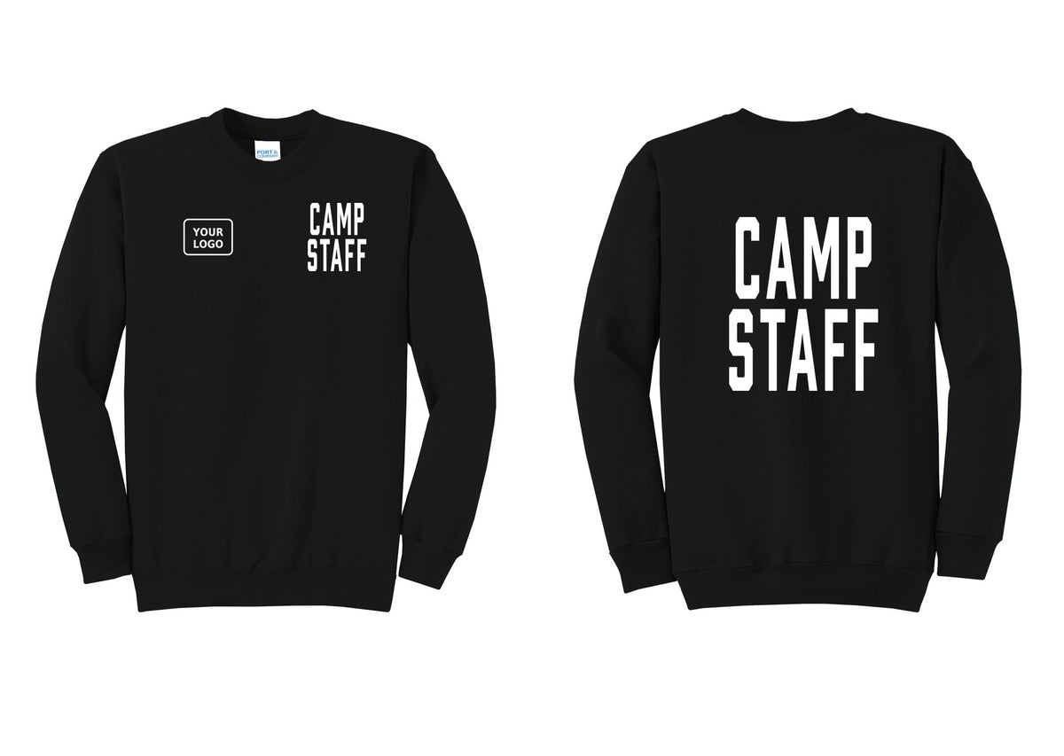 NYC Factory Custom Logo Camp Staff Cotton Fleece Crewneck Sweatshirt (Classic) - CAMP STAFF + Your Logo + Back - Black