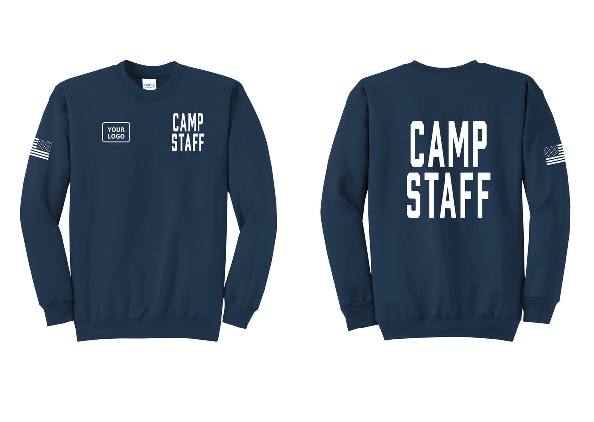 NYC Factory Custom Logo Camp Staff Cotton Fleece Crewneck Sweatshirt (Classic) - CAMP STAFF + Your Logo + Back + US Flag Sleeve - Navy