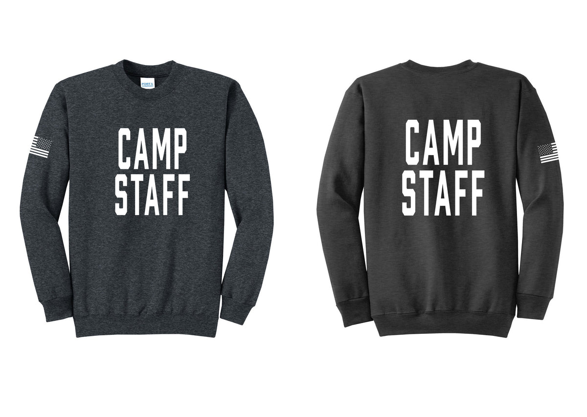 NYC Factory Camp Staff Cotton Fleece Crewneck Sweatshirt (Classic) - Front + Back + US Flag Sleeve - Dark Heather Grey