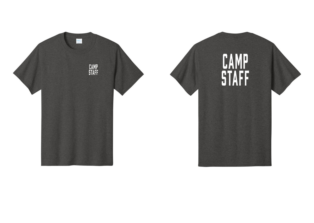 NYC Factory Camp Staff T-Shirt, Condensed Lettering - Chest + Back - Dark Heather Grey