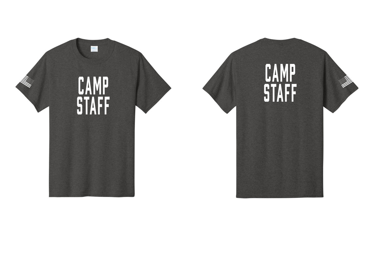 NYC Factory Camp Staff T-Shirt, Condensed Lettering - Front + Back + US Flag Sleeve - Dark Heather Grey