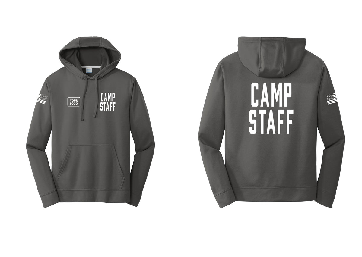 NYC Factory Custom Logo Camp Staff Performance Hooded Fleece Pullover Sweatshirt (Classic) - CAMP STAFF + Your Logo + Back + US Flag Sleeve - Charcoal