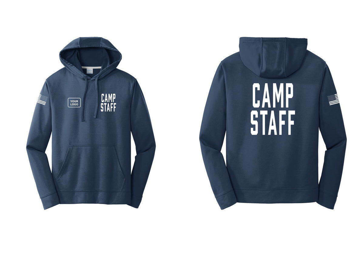 NYC Factory Custom Logo Camp Staff Performance Hooded Fleece Pullover Sweatshirt (Classic) - CAMP STAFF + Your Logo + Back + US Flag Sleeve - Navy