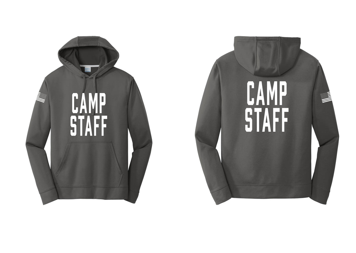 NYC Factory Camp Staff Performance Hooded Fleece Pullover Sweatshirt (Classic) - Front + Back + US Flag Sleeve - Charcoal