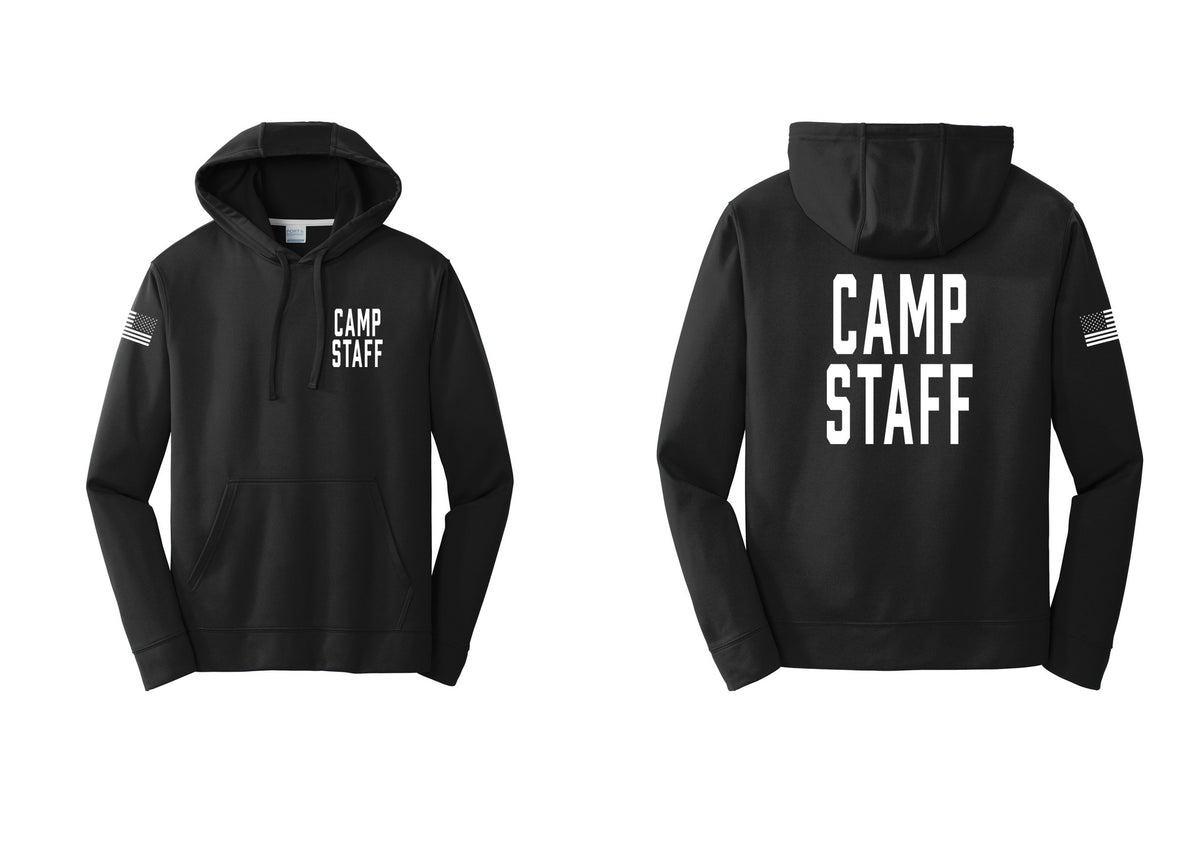 NYC Factory Camp Staff Performance Hooded Fleece Pullover Sweatshirt (Classic) - Chest + Back + US Flag Sleeve - Black