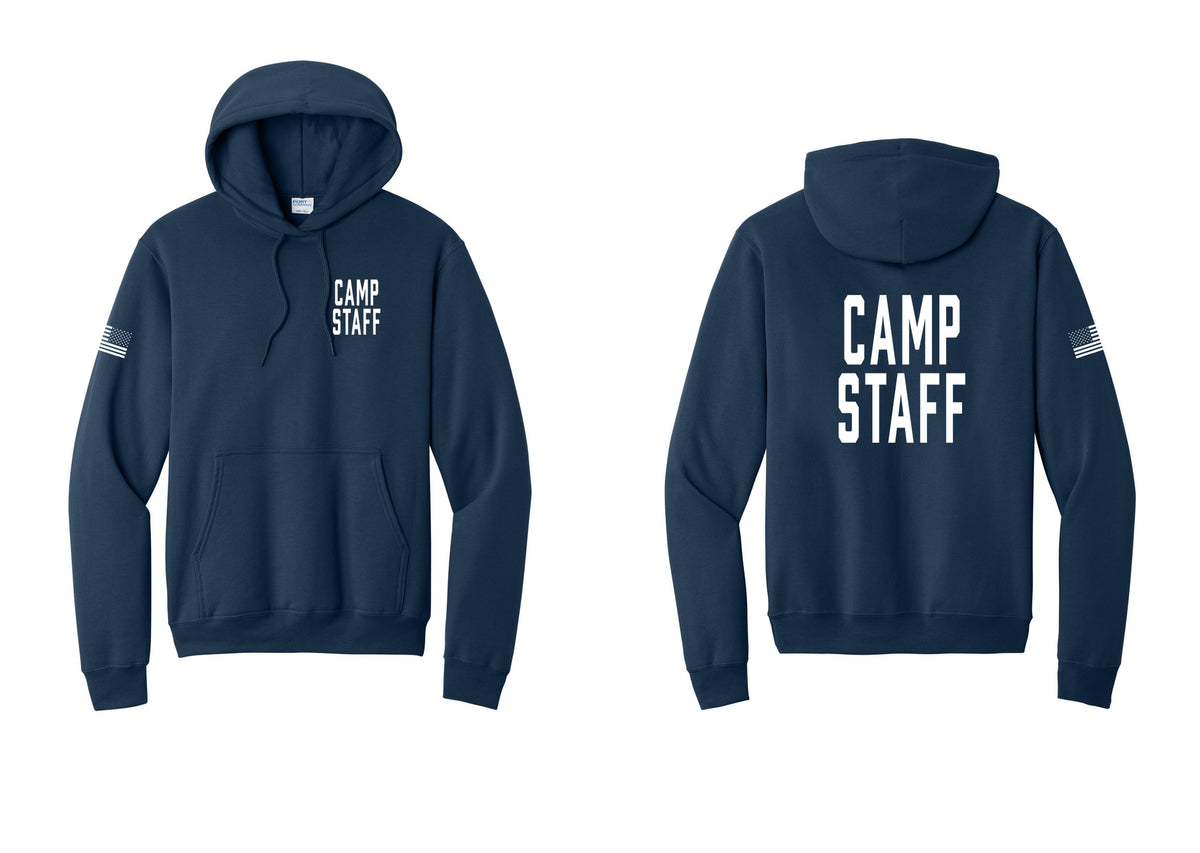NYC Factory Camp Staff Cotton Fleece Pullover Hoodie (Classic) - Chest + Back + US Flag Sleeve - Navy