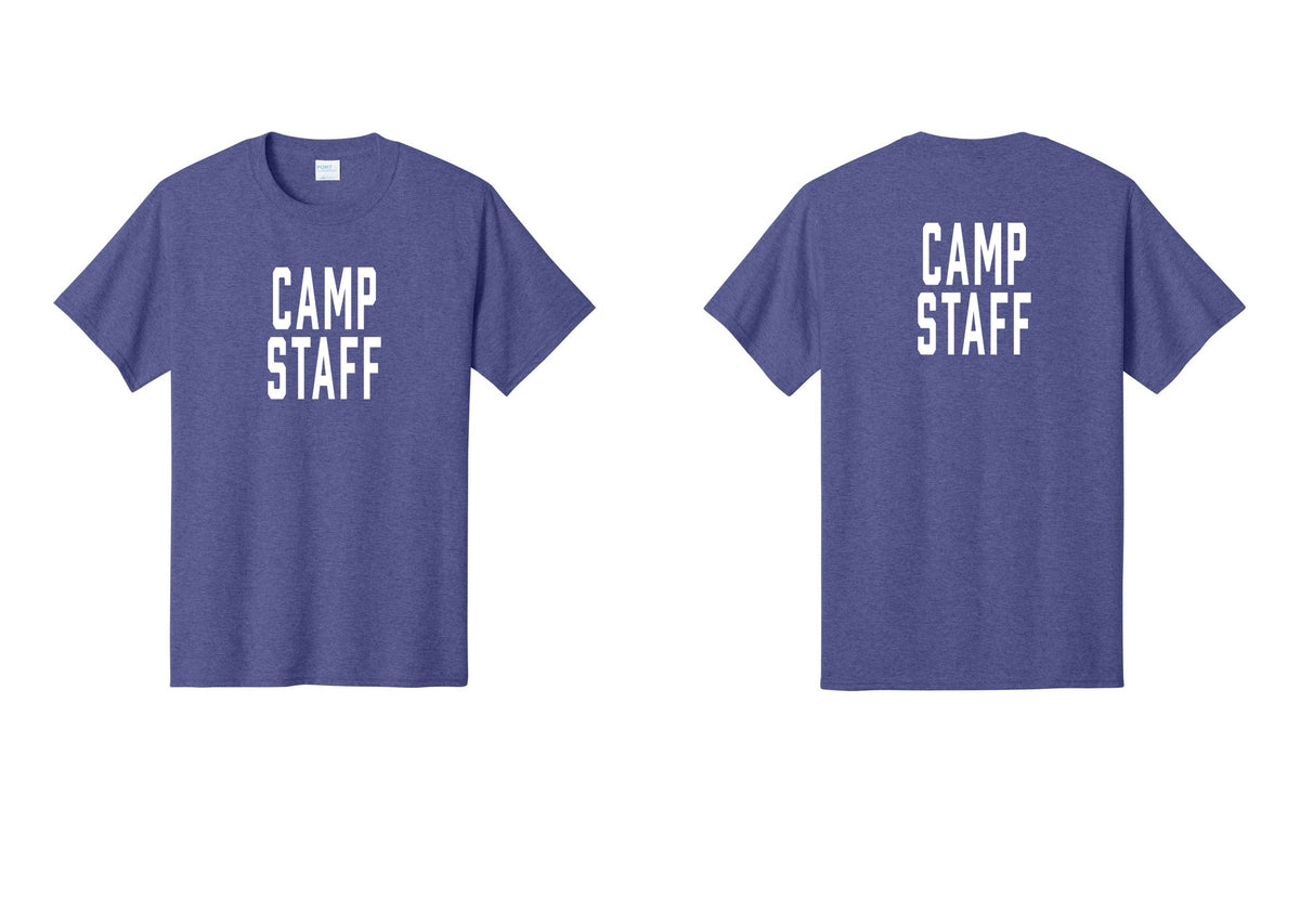 NYC Factory Camp Staff T-Shirt, Condensed Lettering - Front + Back - Heather Purple