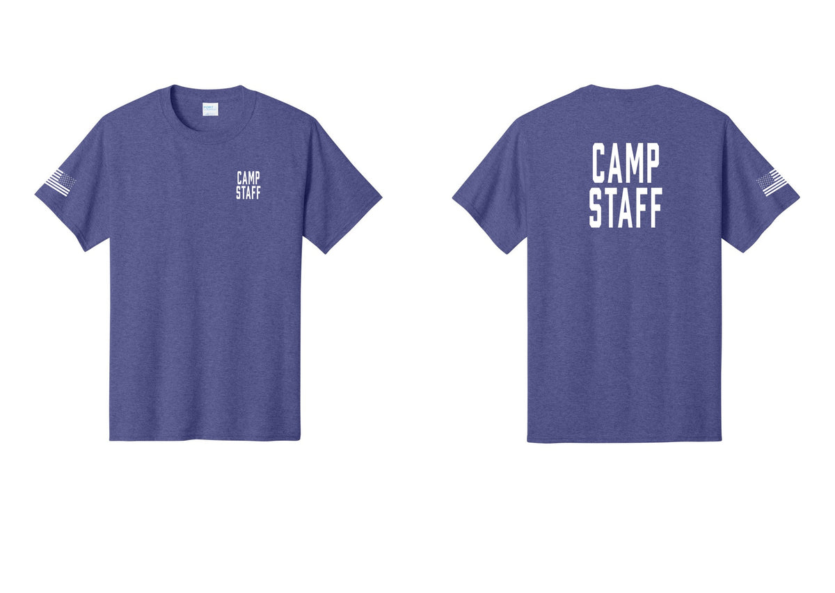 NYC Factory Camp Staff T-Shirt, Condensed Lettering - Chest + Back + US Flag Sleeve - Heather Purple