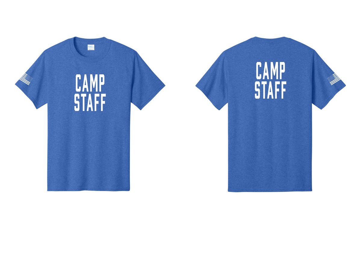 NYC Factory Camp Staff T-Shirt, Condensed Lettering - Front + Back + US Flag Sleeve - Heather Royal