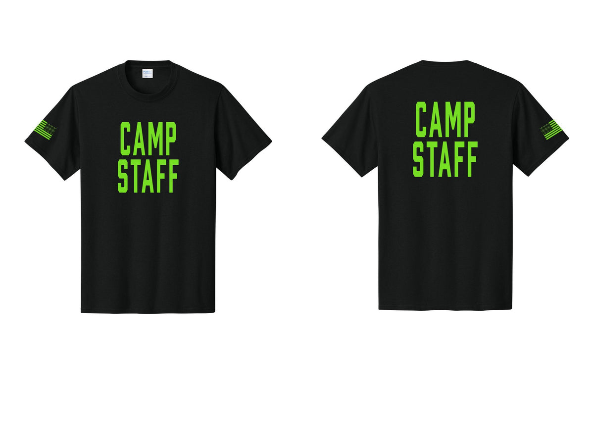 NYC Factory Unisex Camp Staff Classic T-Shirt - Front + Back + US Flag Sleeve - Black / Neon