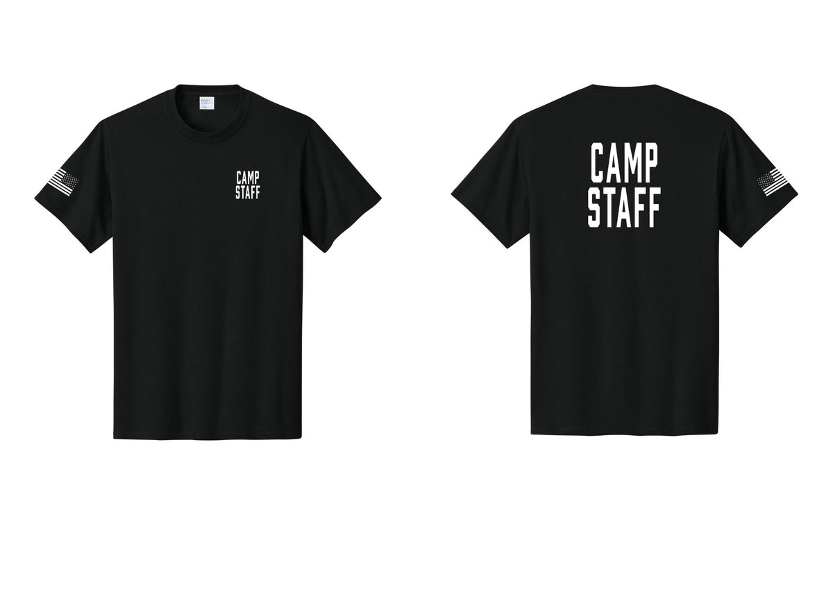 NYC Factory Camp Staff T-Shirt, Condensed Lettering - Chest + Back + US Flag Sleeve - Black