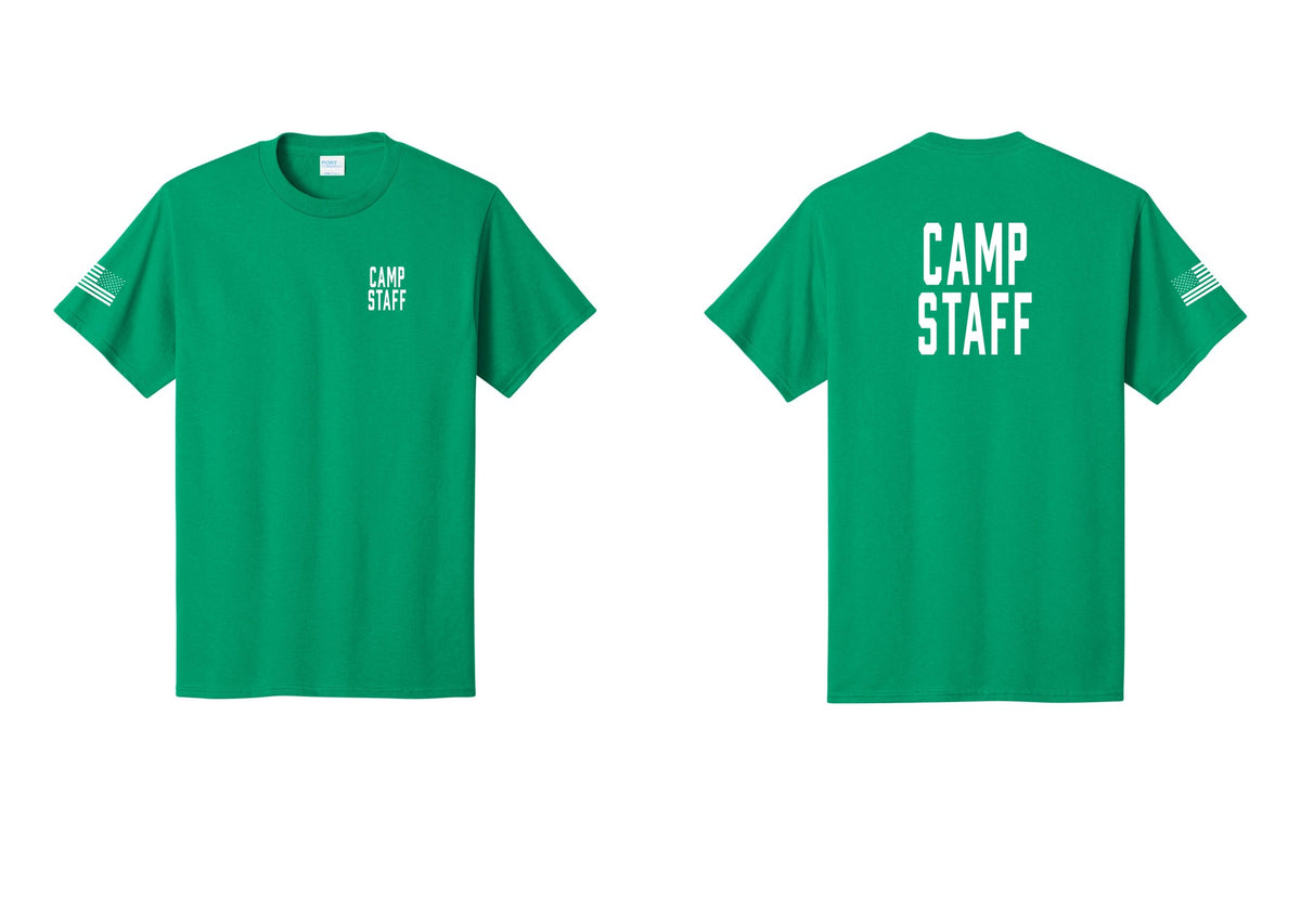 NYC Factory Camp Staff T-Shirt, Condensed Lettering - Chest + Back + US Flag Sleeve - Kelly