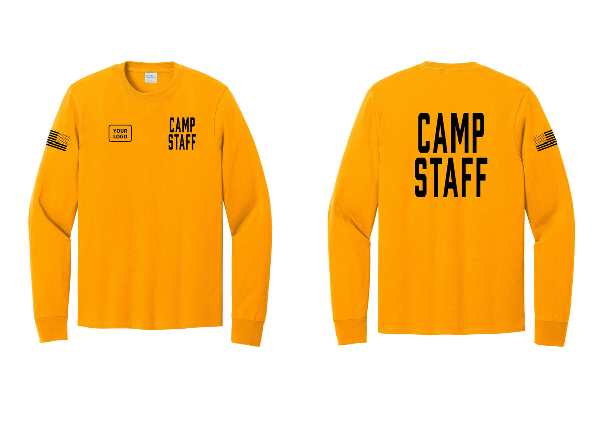 NYC Factory Custom Logo Camp Staff Cotton Long Sleeve T-Shirt (Classic) - CAMP STAFF + Your Logo + Back + US Flag Sleeve - Gold