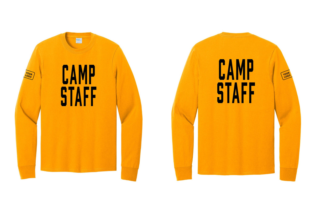 NYC Factory Custom Logo Camp Staff Cotton Long Sleeve T-Shirt (Classic) - Front + Back + Your Logo Sleeve - Gold