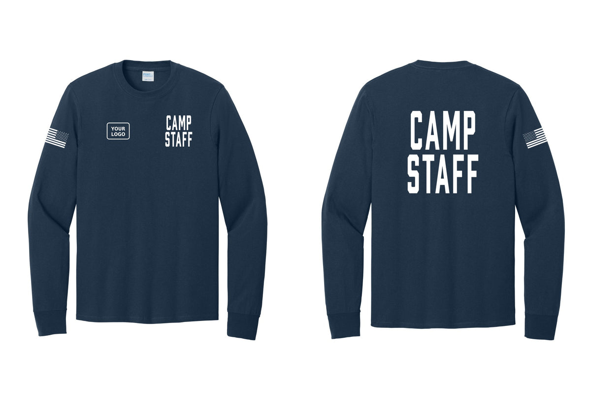 NYC Factory Custom Logo Camp Staff Cotton Long Sleeve T-Shirt (Classic) - CAMP STAFF + Your Logo + Back + US Flag Sleeve - Navy
