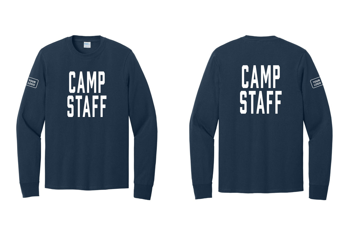NYC Factory Custom Logo Camp Staff Cotton Long Sleeve T-Shirt (Classic) - Front + Back + Your Logo Sleeve - Navy