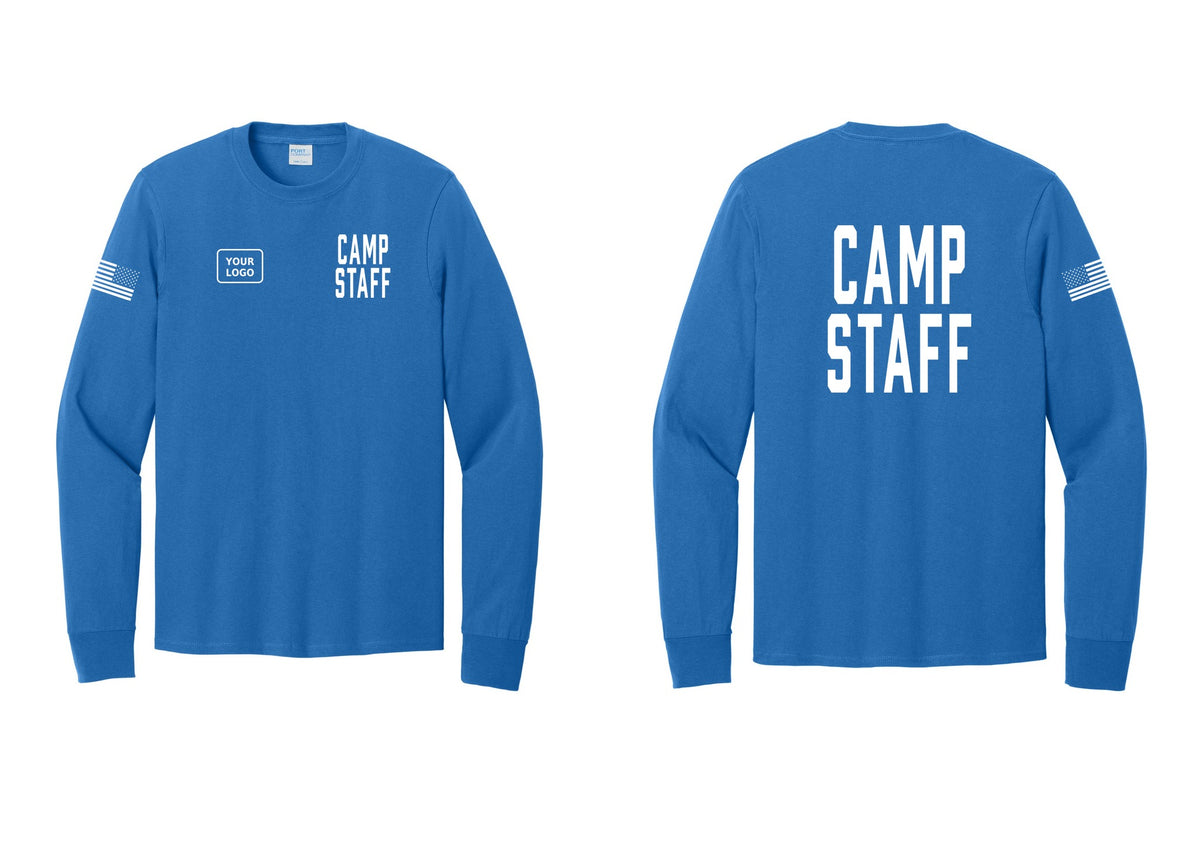 NYC Factory Custom Logo Camp Staff Cotton Long Sleeve T-Shirt (Classic) - CAMP STAFF + Your Logo + Back + US Flag Sleeve - Royal