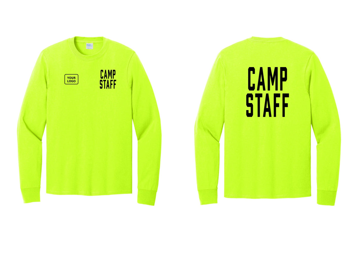 NYC Factory Custom Logo Camp Staff Cotton Long Sleeve T-Shirt (Classic) - CAMP STAFF + Your Logo + Back - Safety Green