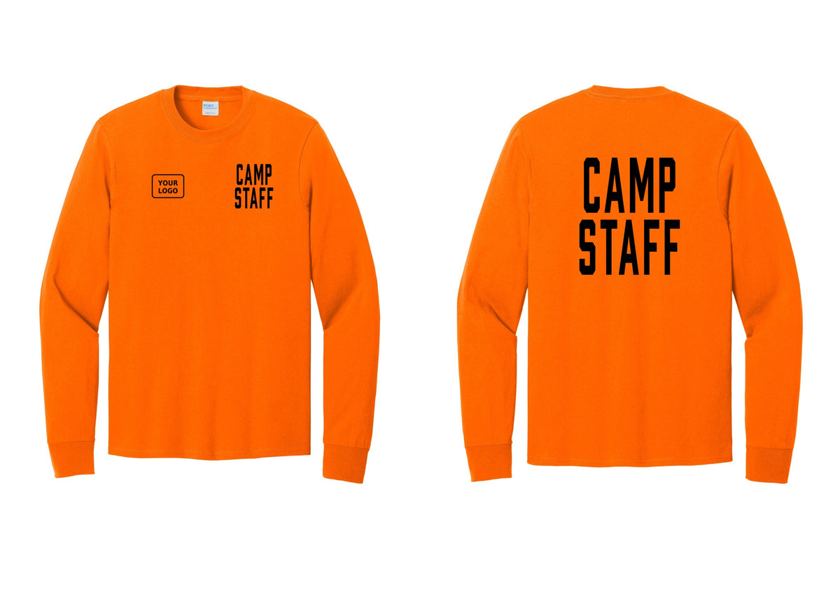 NYC Factory Custom Logo Camp Staff Cotton Long Sleeve T-Shirt (Classic) - CAMP STAFF + Your Logo + Back - Safety Orange