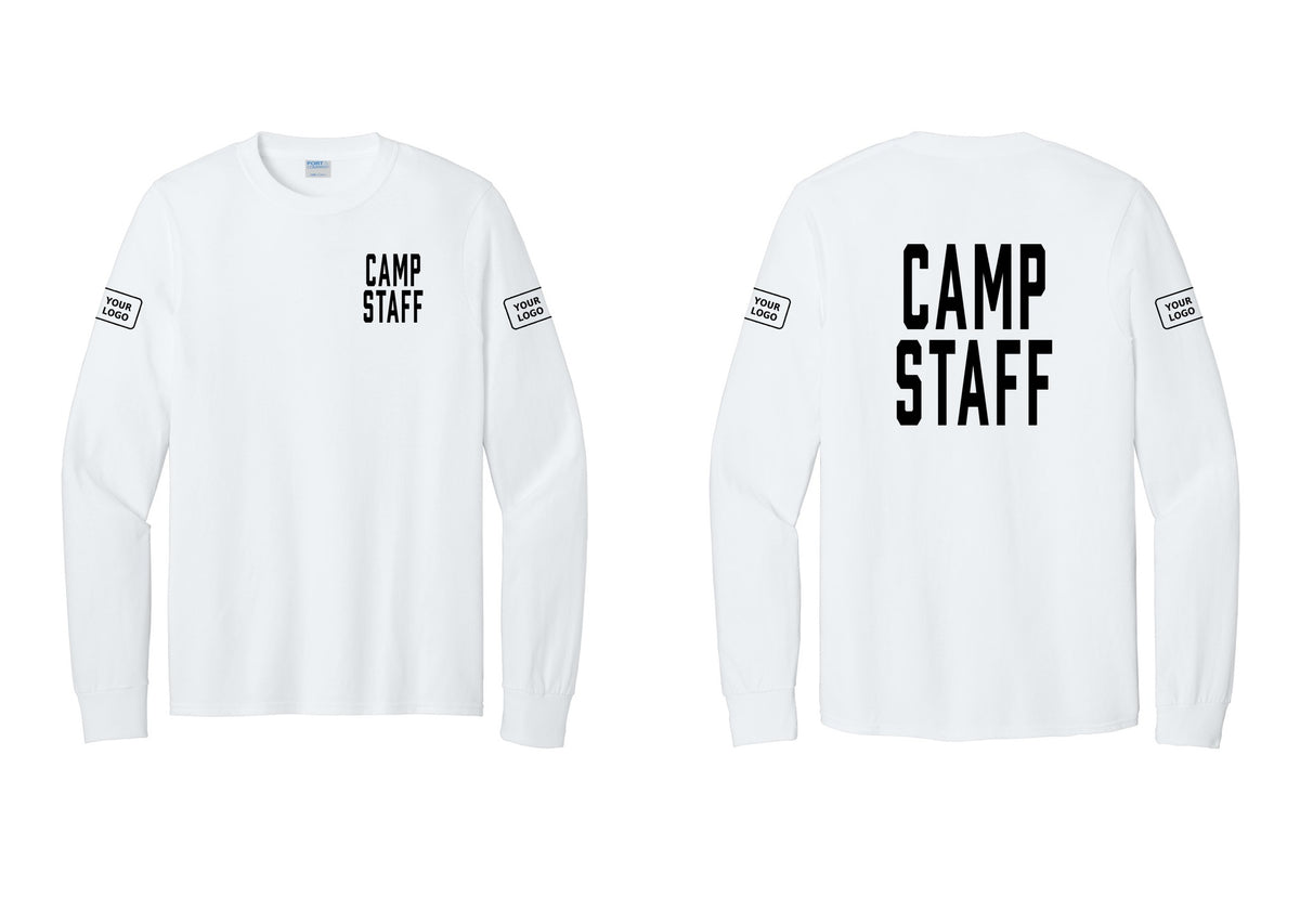 NYC Factory Custom Logo Camp Staff Cotton Long Sleeve T-Shirt (Classic) - Chest + Back + Your Logo Sleeves - White