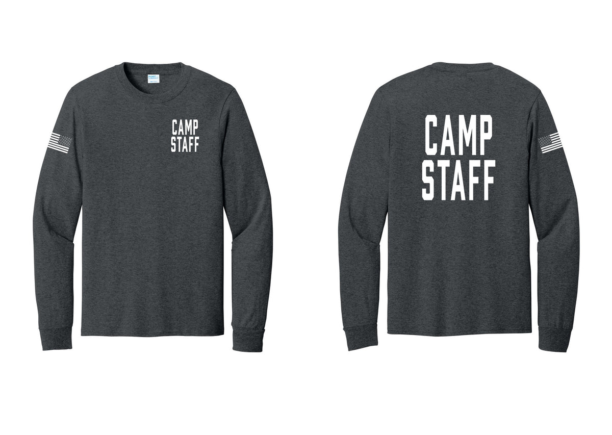 NYC Factory Camp Staff Cotton Long Sleeve T-Shirt (Classic) - Chest + Back + US Flag Sleeve - Dark Heather Grey