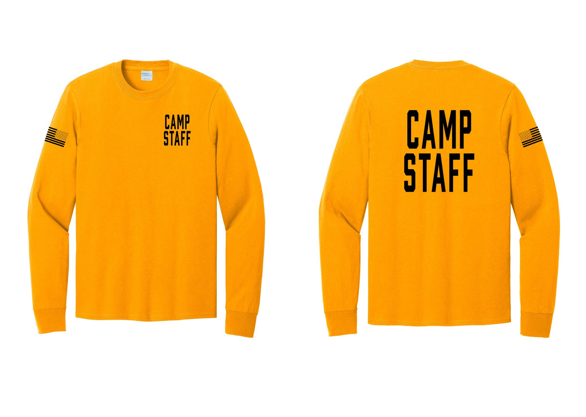 NYC Factory Camp Staff Cotton Long Sleeve T-Shirt (Classic) - Chest + Back + US Flag Sleeve - Gold