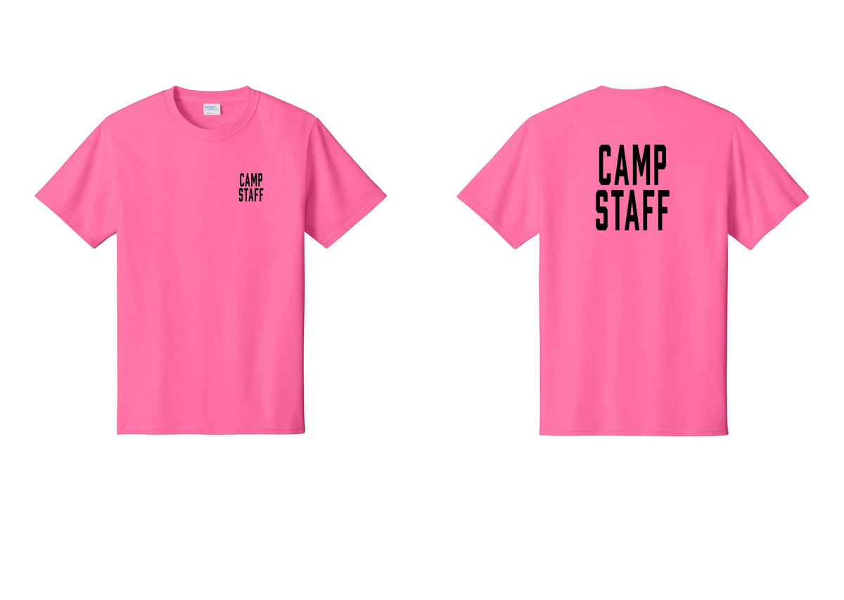 NYC Factory Camp Staff T-Shirt, Condensed Lettering - Chest + Back - Neon Pink