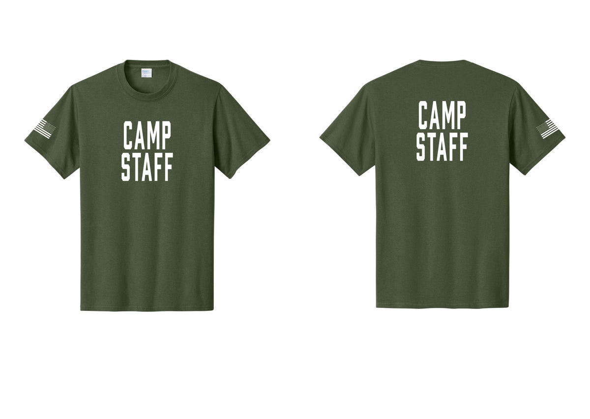 NYC Factory Camp Staff T-Shirt, Condensed Lettering - Front + Back + US Flag Sleeve - Olive