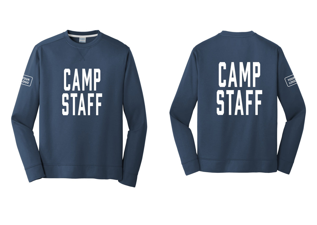 NYC Factory Custom Logo Camp Staff Performance Fleece Crewneck Sweatshirt (Classic) - Front + Back + Your Logo Sleeve - Navy