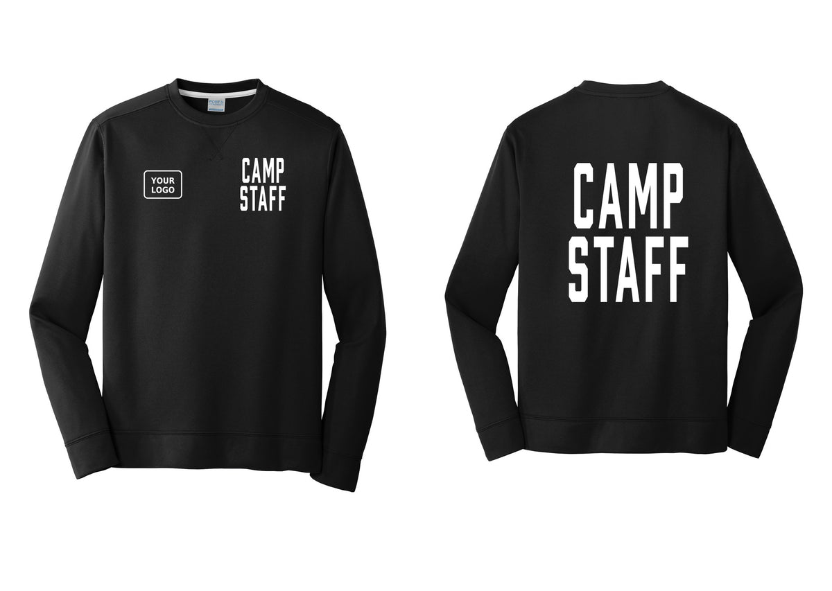 NYC Factory Custom Logo Camp Staff Performance Fleece Crewneck Sweatshirt (Classic) - CAMP STAFF + Your Logo + Back - Black