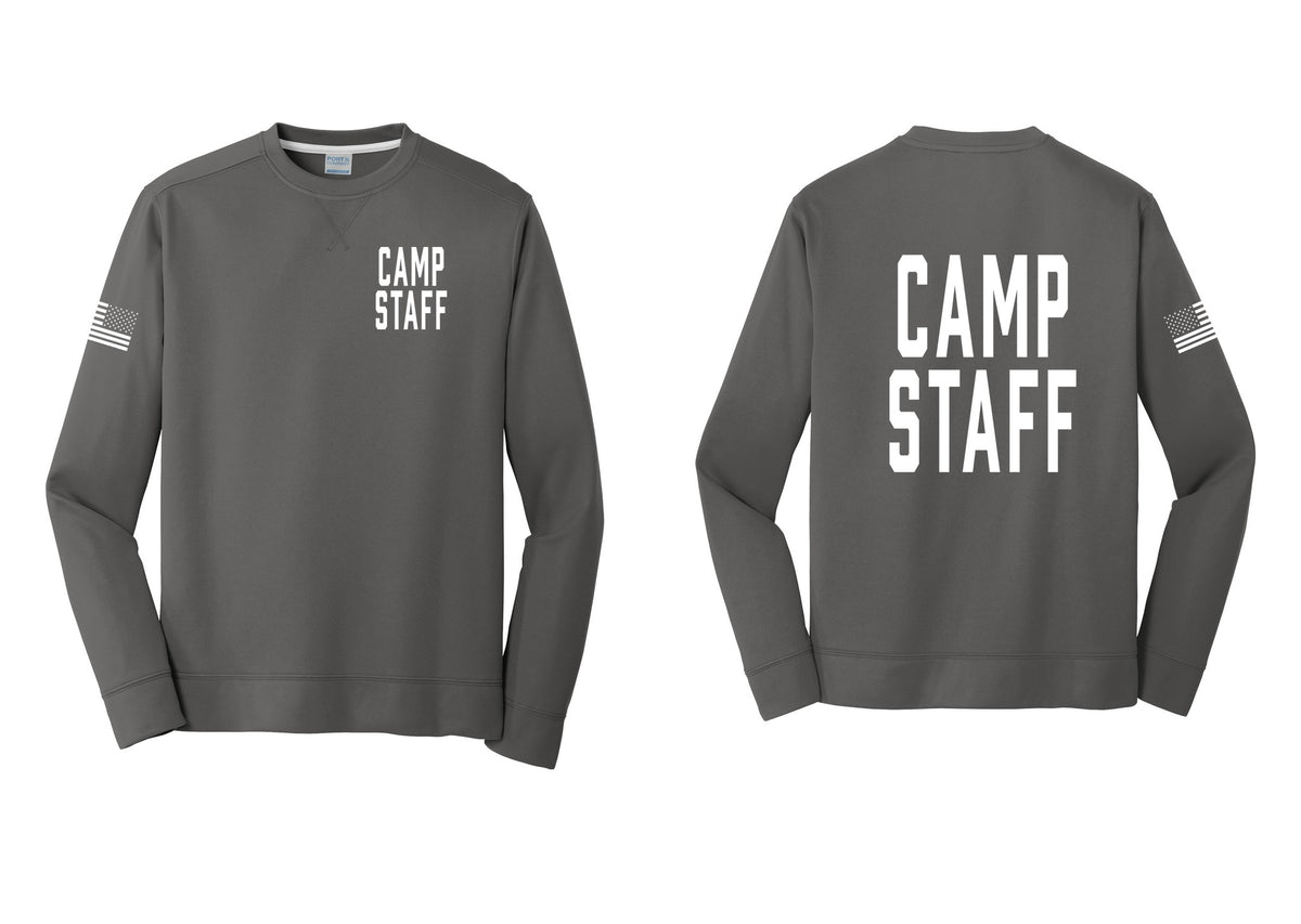 NYC Factory Camp Staff Performance Fleece Crewneck Sweatshirt (Classic) - Chest + Back + US Flag Sleeve - Charcoal