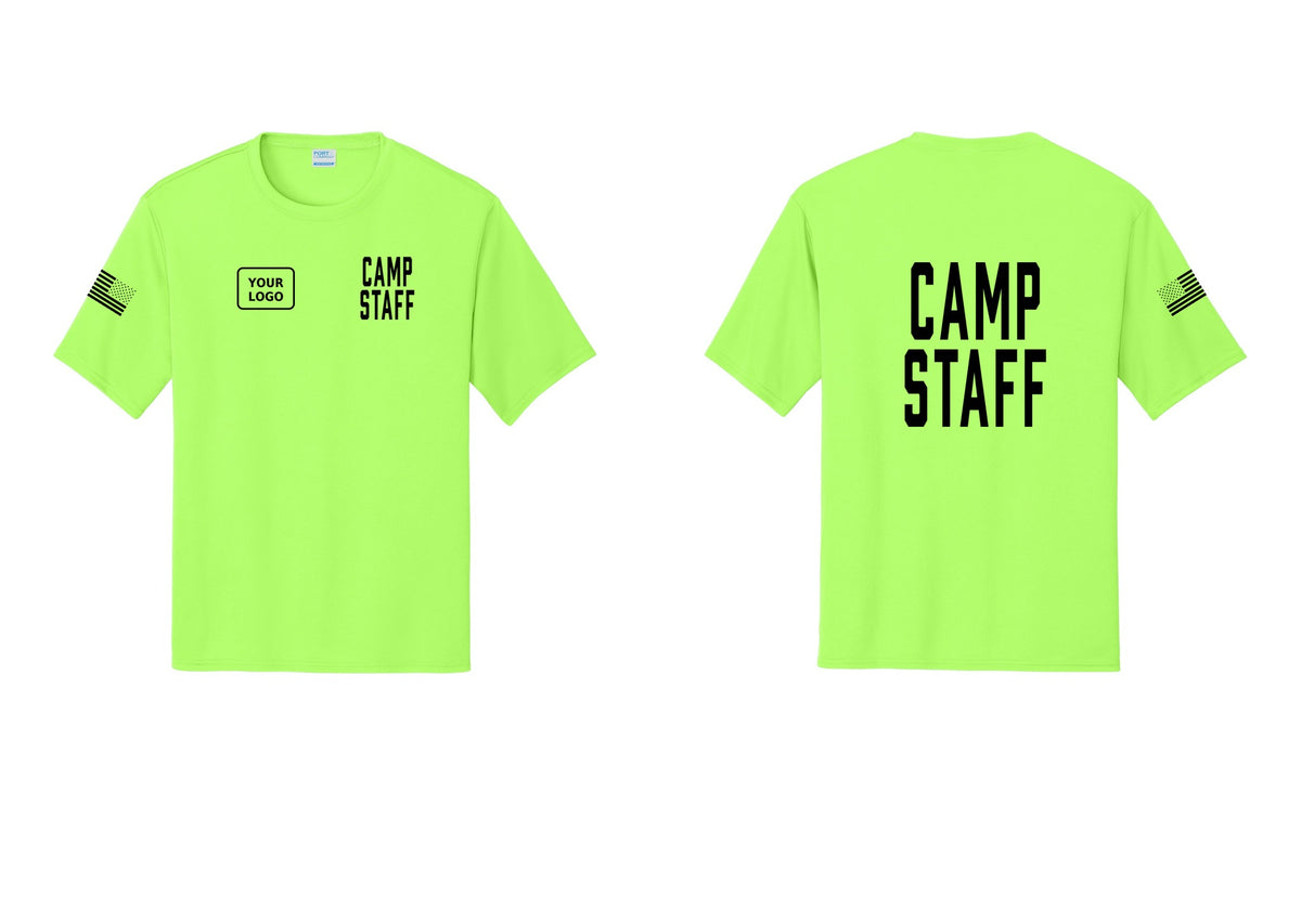 NYC Factory Custom Logo Camp Staff Performance T-Shirt (Classic) - CAMP STAFF + Your Logo + Back + US Flag Sleeve - Neon Green