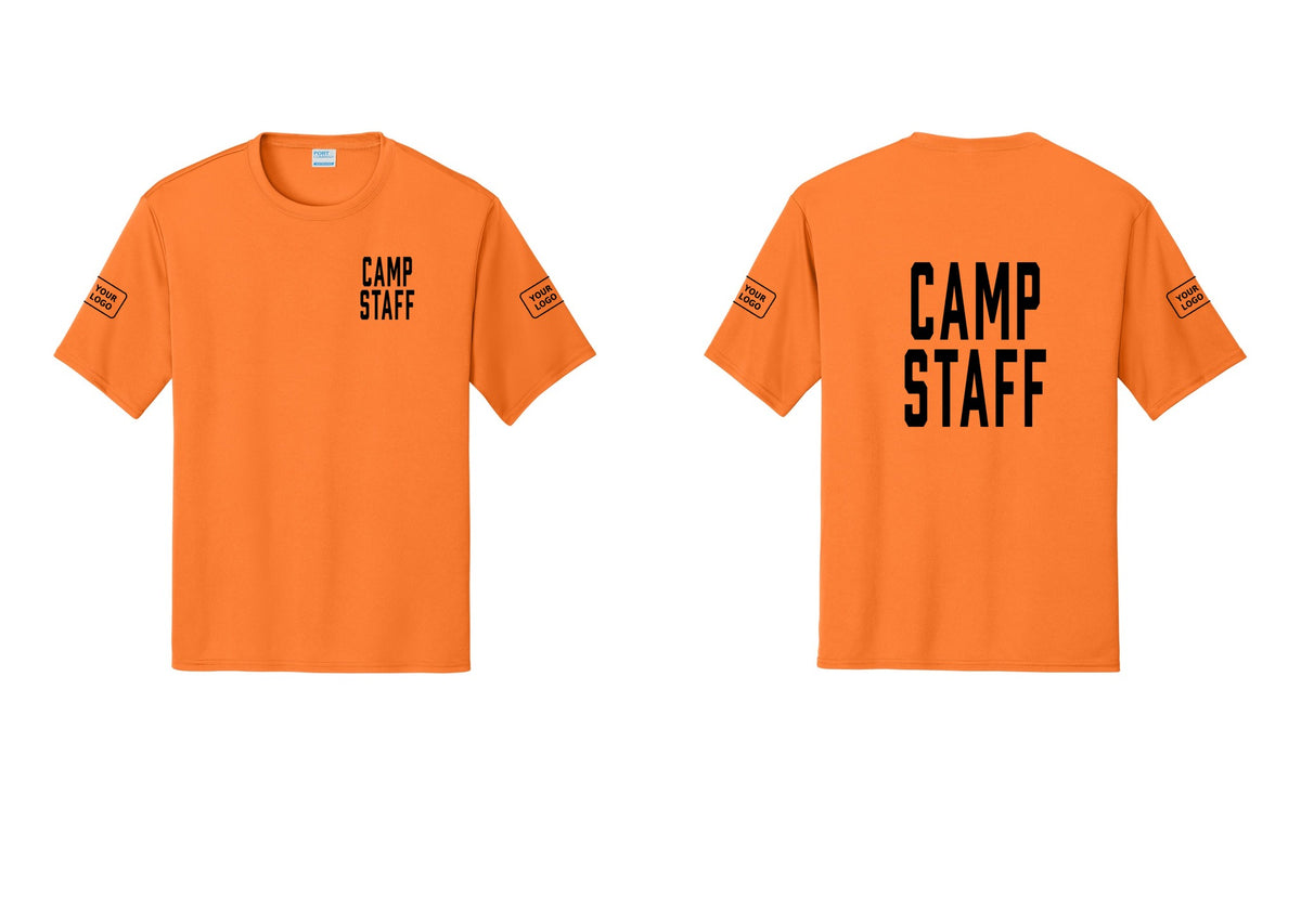 NYC Factory Custom Logo Camp Staff Performance T-Shirt (Classic) - Chest + Back + Your Logo Sleeves - Neon Orange