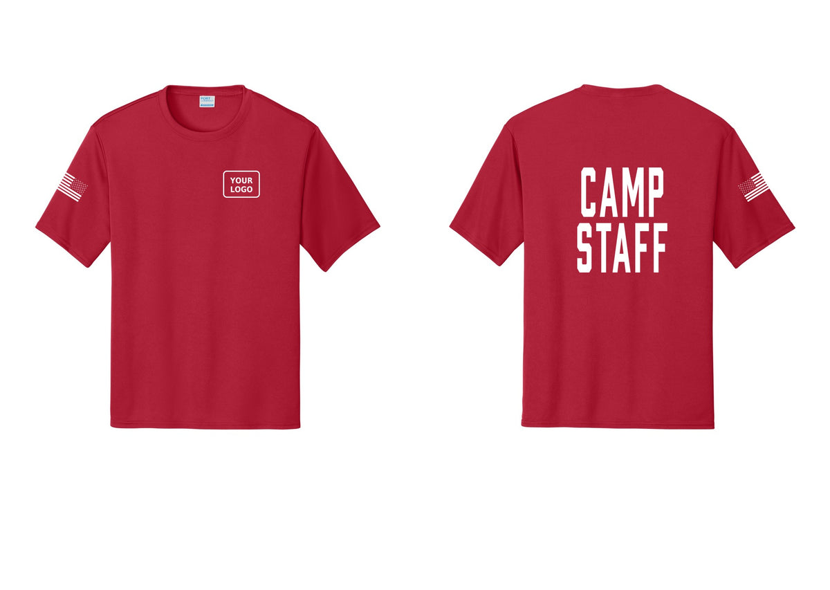 NYC Factory Custom Logo Camp Staff Performance T-Shirt (Classic) - Your Logo + Back + US Flag Sleeve - Red