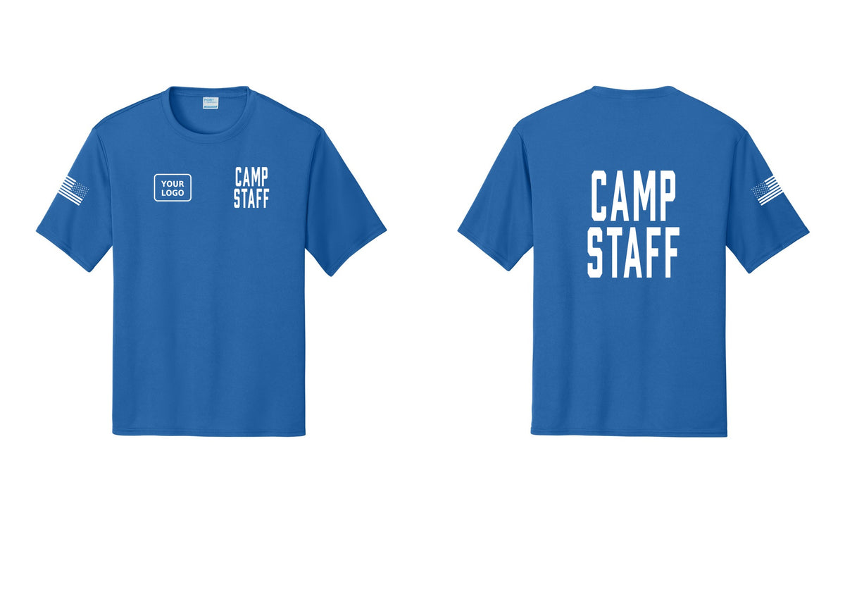 NYC Factory Custom Logo Camp Staff Performance T-Shirt (Classic) - CAMP STAFF + Your Logo + Back + US Flag Sleeve - Royal