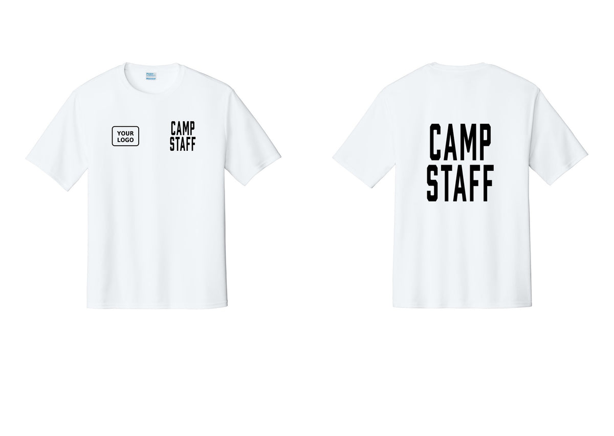 NYC Factory Custom Logo Camp Staff Performance T-Shirt (Classic) - CAMP STAFF + Your Logo + Back - White