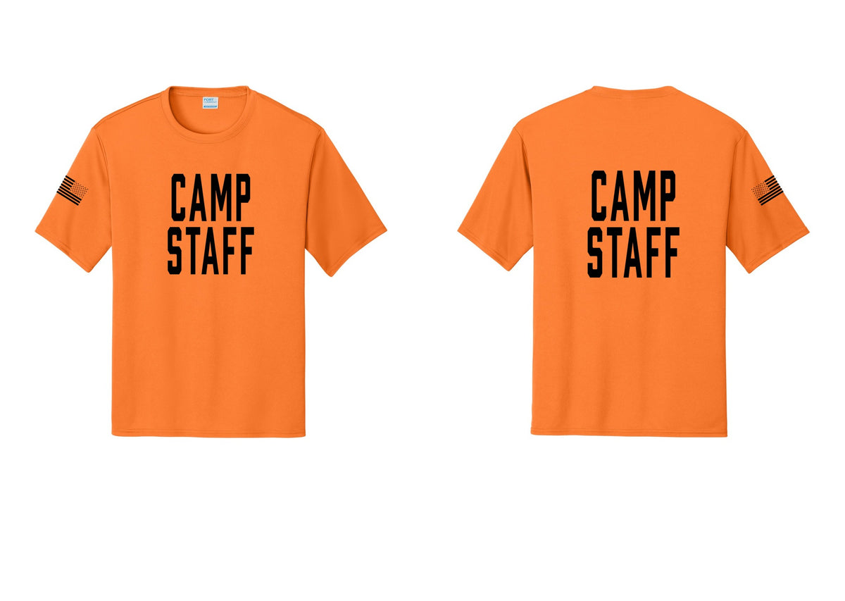 NYC Factory Camp Staff Performance T-Shirt (Classic) - Front + Back + US Flag Sleeve - Neon Orange