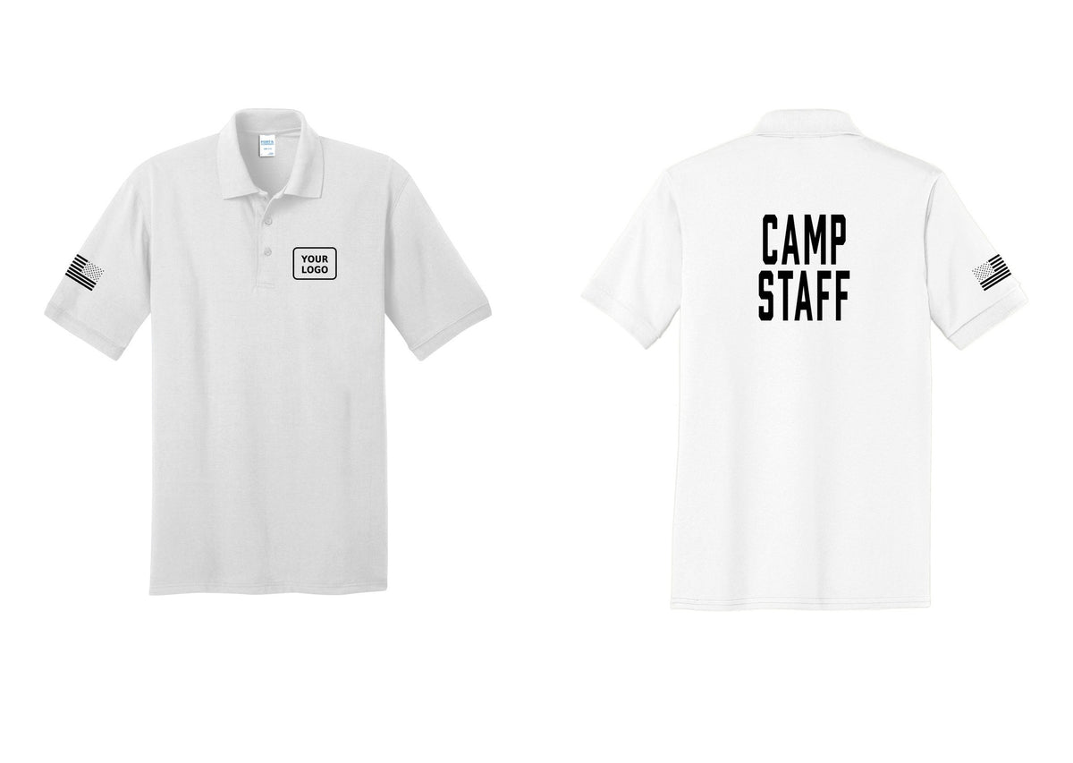 NYC Factory Custom Logo Camp Staff Polo Shirt (Classic) - Your Logo + Back + US Flag Sleeve - White